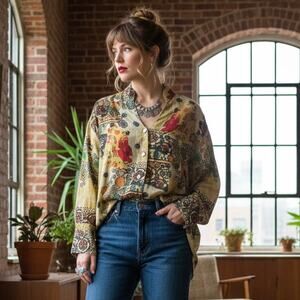 Vintage Y2K Tianello Oversized Art Print Tencel Blouse XS (Fits S–L)